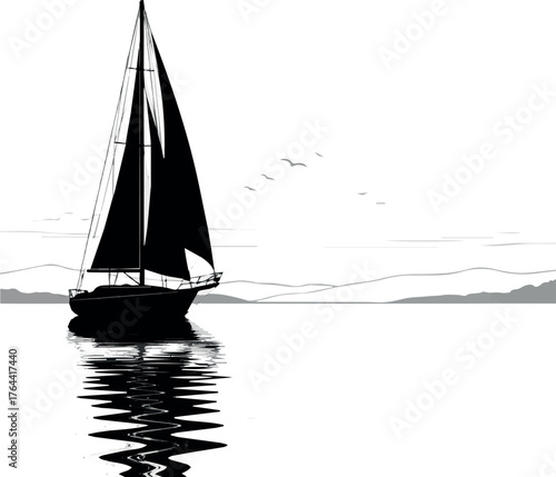Sailing boat illustration silhouette sailboat on river vector with whit background.