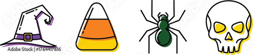 Vector art of halloween icons witch hat, candy corn, spider, skull
