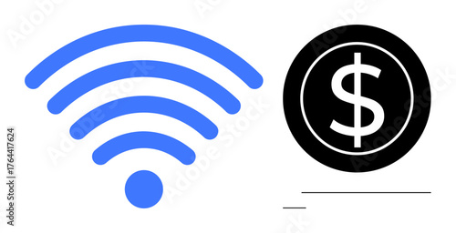 Blue wireless signal icon beside a black circle containing a dollar sign, symbolizing internet costs. Ideal for technology, economics, digital access, communication, finance, service pricing, simple