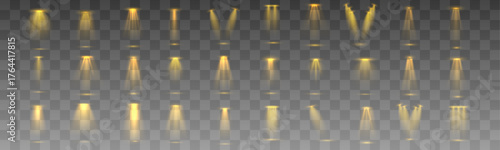 A set of realistic stage spotlights casting bright beams in cool white. Perfect for concert lighting, theater effects, or digital stage mockups. Transparent background included.
