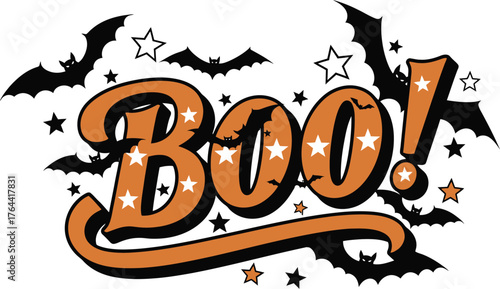 Vector art of halloween boo text with bats and stars