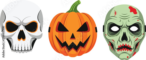 Vector art of skull, jackolantern, and zombie face