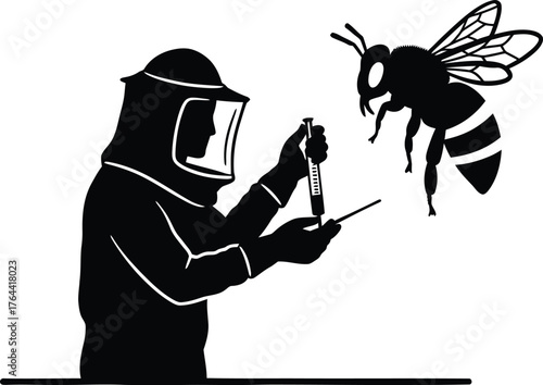 Beekeeper in protective suit interacting with a large bee showing science and nature collaboration for honey production and pollination vector