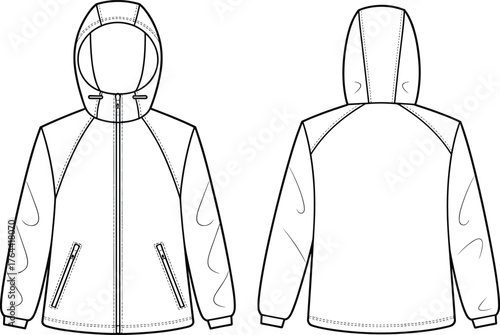 Front and back technical drawing of hooded jacket with zipper pockets, fashion flat sketch template, detailed outerwear clothing design vector illustration for apparel industry