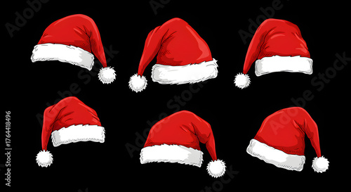 Santa red hats with white fur and ink sketch set. Isolated Christmas holiday vector decoration illustration