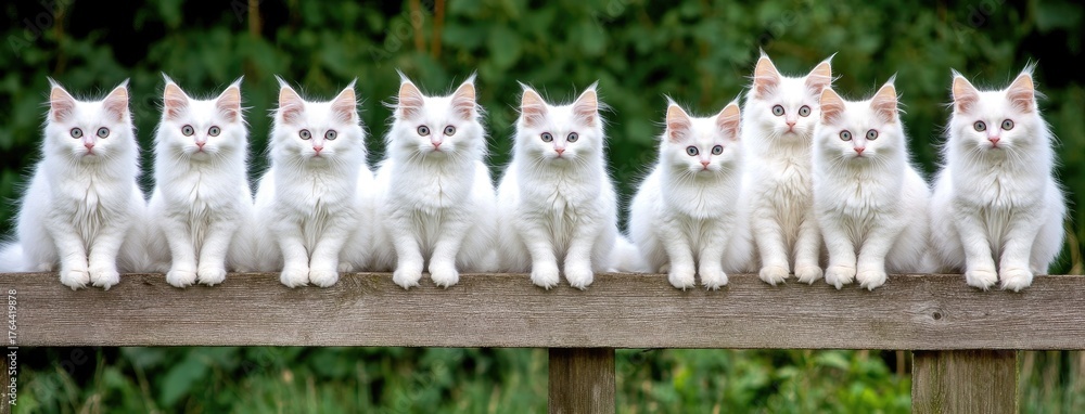 Obraz premium A charming gathering of white Turkish Angora cats on a sunny farm, showcasing their playful elegance among the greenery