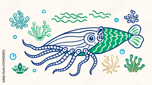 Cute Green Squid Illustration with Blue Tentacles and Ocean Plants – Nautical Art