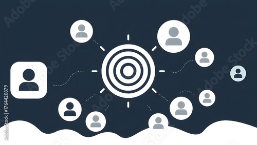 Minimal vector design with user profile icons around a target symbol, sales and audience growth concept.