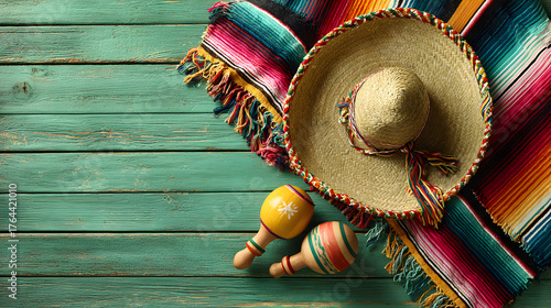 Cinco de Mayo background with maracas and colorful blankets on a green wooden table with space for text. Summer background illustration.
