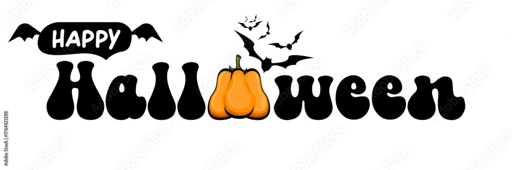 Obraz premium Happy halloween black lettering text sticker design isolated on white background. Happy halloween text motto sticker, tag, retro label, banner, ribbon, label png with quote. Halloween text banner