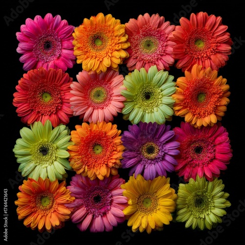 Colorful display of gerbera daisies arranged in a square pattern against a black background