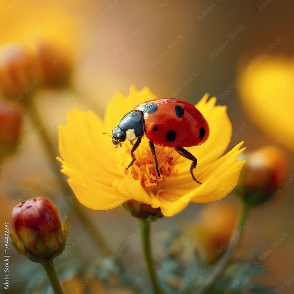 Fototapeta premium Ladybug exploring a vibrant yellow flower in a sunny garden setting