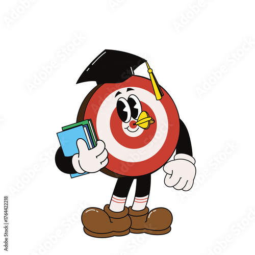 Cartoon Style Target Character Graduate with Book and Graduation Cap Mascot