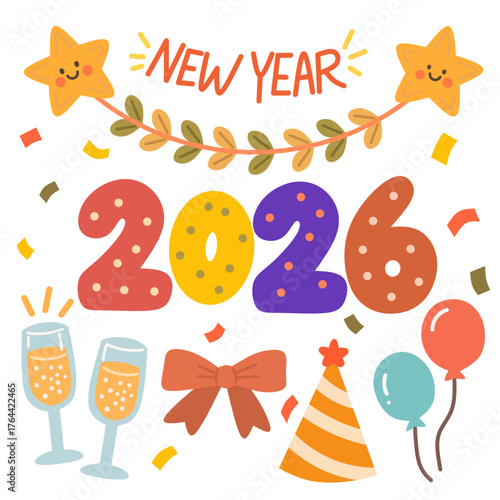 2026 New Year Celebration in Whimsical Hand-Drawn Style for Festive Decor