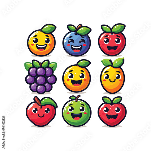 Cartoon fruits with happy faces in a grid arrangement, vibrant and playful design.