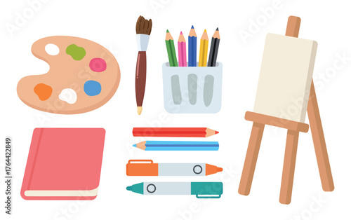 modern flat vector illustration set of colorful art supplies for creative studio design