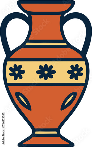 Antique Amphora Vase Vector Illustration – Classic Greek Pottery, Floral Pattern, Terracotta Flat Icon