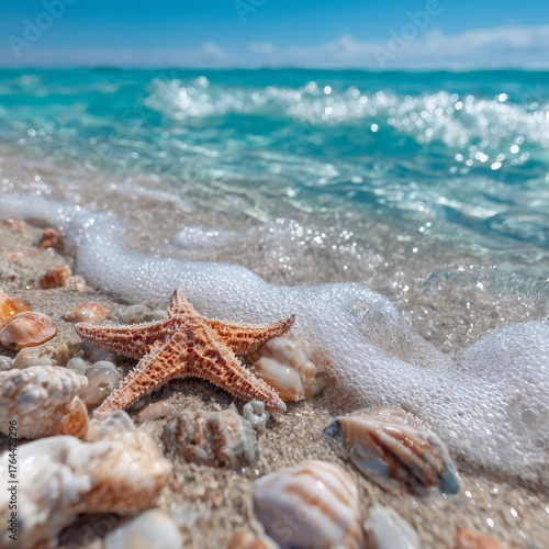 Starfish among seashells on a sandy beach under a clear blue sky during a sunny day