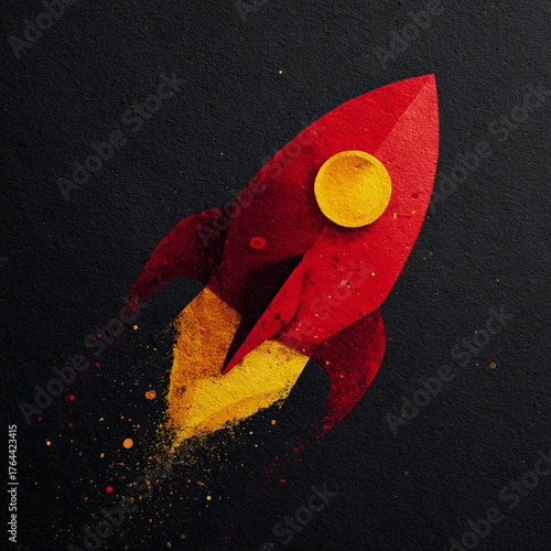 Bright red rocket launching with yellow flames against a dark background in a vibrant digital artwork