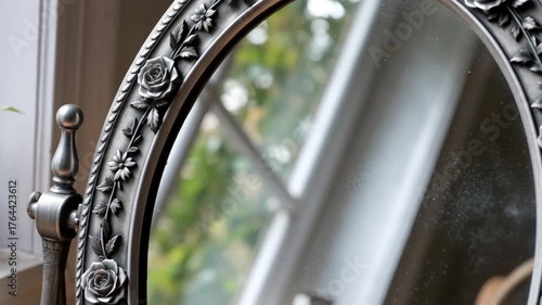 Elegant Oval Mirror with Ornate Silver Rose and Leaf Frame Reflecting a Window