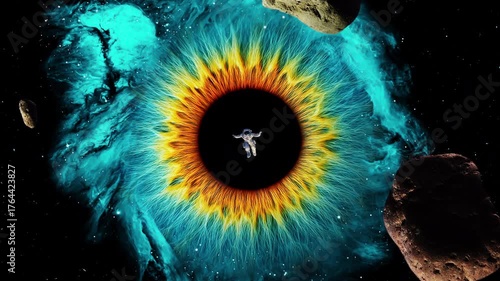 An astronaut is sucked into the center of a nebula shaped like a giant eye. A giant eye-shaped nebula with an astronaut falling into a black hole. 4K video animation.