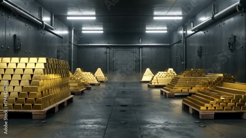 A secure vault filled with countless shimmering gold bars stacked on pallets