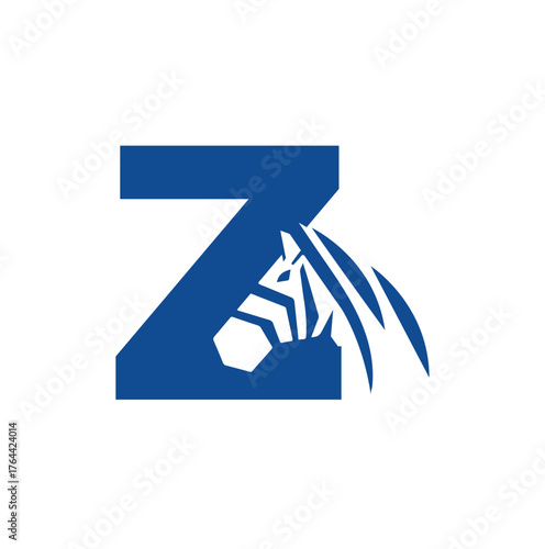 Zebra Head Integrated with Letter Z , Modern Wildlife Logo .A bold blue “Z” merged with a stylized zebra head in matching stripes