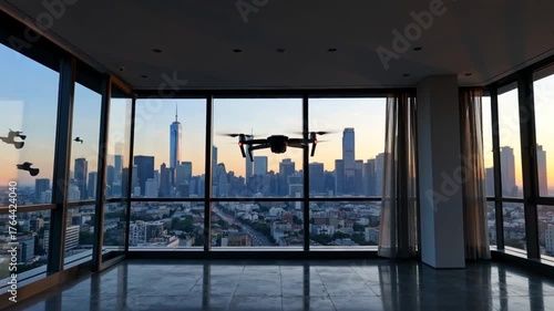 Drone hovers against a panoramic city skyline view at sunset with birds flying by