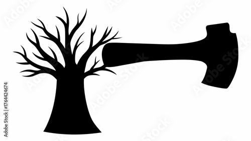 Axe chopping down tree silhouette in the forest, symbol of deforestation and environmental destruction