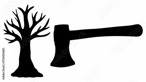 Chop down a tree with an axe for lumberjacks with sharp tools in the forest wilderness