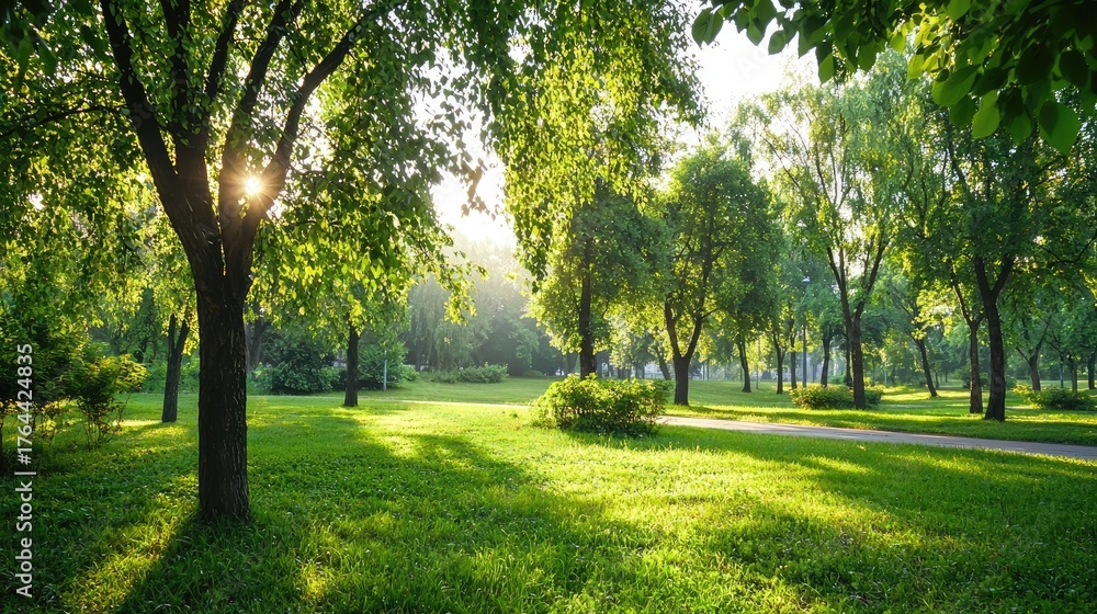 Obraz premium Serene Green Park with Sunlight Filtering Through Lush Trees and Gentle Grass Surfaces in Morning Light
