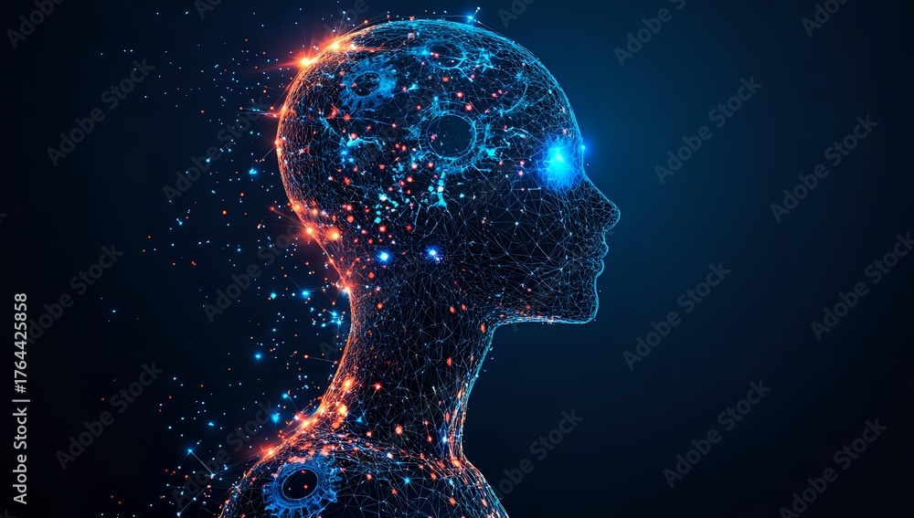 Naklejka premium Digital profile silhouette made of glowing blue and orange particles on dark background, representing artificial intelligence and neural networks.