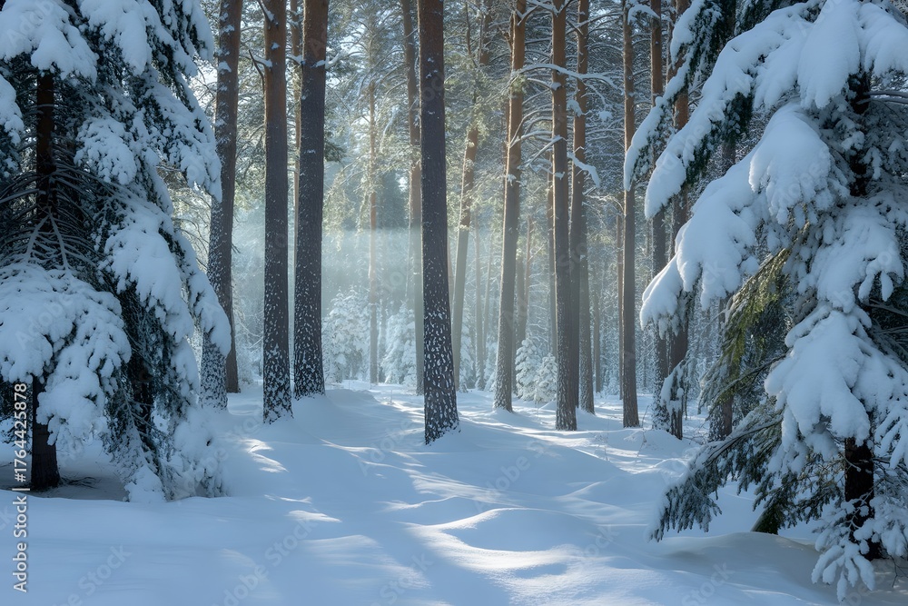 Naklejka premium Snow-Covered Trees in Winter Forest