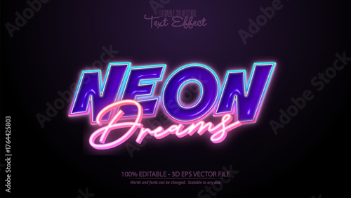 Neon Dreams glowing retro text effect with vibrant pink and blue colors on dark background vector design
