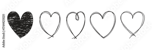 Wallpaper Mural Set of Five Hand-Drawn Black Heart Shapes: Scribble Filled and Doodle Outline Icons, Love and Romance Sketch Graphics, Valentine's Day Design Elements Torontodigital.ca