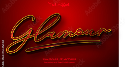 Glamour word with gold glitter and red background elegant shiny text effect design vector illustration