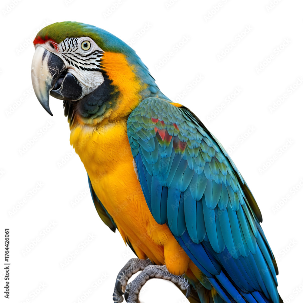 Fototapeta premium Majestic Blue and Gold Macaw Parrot Perched on a Branch on Black Background