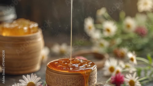 Closeup of golden honey pouring in a thin stream into a carved wooden bowl, overflowing and dripping on a rustic table with daisies and wildflowers in soft bokeh; warm natural light suggests organic s