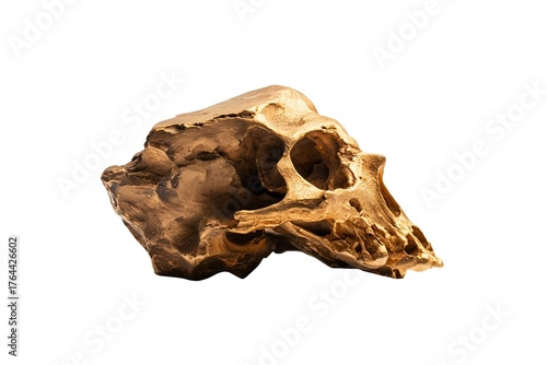 Ancient primate skull fossil on white background, detailed bone structure showing evolutionary features and dental anatomy, isolated for scientific study.