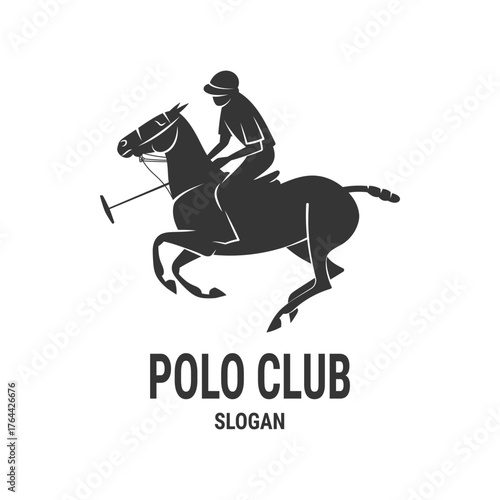 Silhouette of polo player riding a horse with mallet in motion, logo design for sports or equestrian club