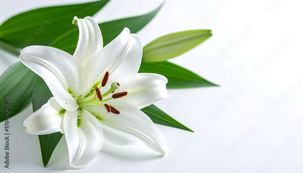 Fototapeta premium Elegant close-up of a white lily bloom with long green leaves on a plain, bright white surface