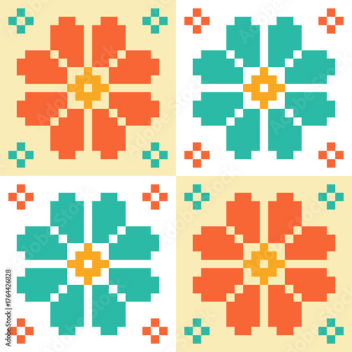 Vibrant geometric floral pattern with pixelated flowers in orange and teal, creating a symmetrical and seamless digital folk art background