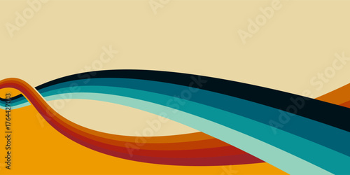 Fluid abstract design with curving rainbow stripes in a retro color scheme, creating a sense of motion and energy on a vintage style background