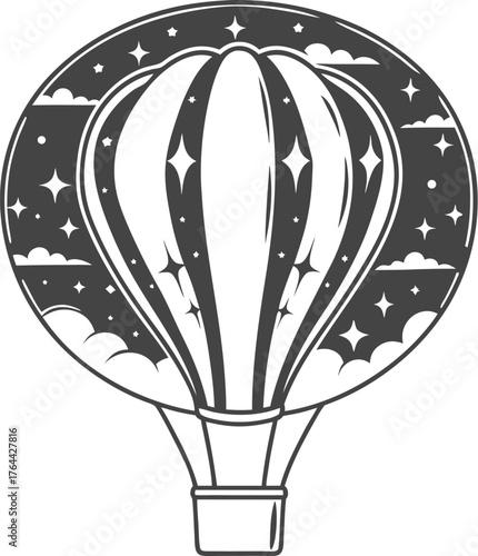 “Intricate Black and White Hot Air Balloon Illustration – Vintage Woodcut Style with Moon, Stars, and Clouds in Mystical Fantasy Design”