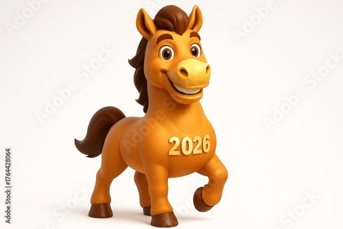 Cute cartoon horse with golden 2026 on its side, cheerful character for new year celebration, zodiac or festive holiday design.