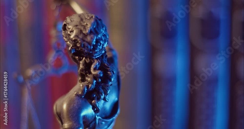 Lady Justice Bronze Sculpture close-up detail against a biblioteque background