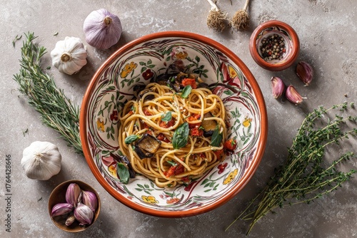 Pasta alla Norma served in a traditional Sicilian ceramic bowl, garnished with fresh basil and surrounded by garlic, herbs, and spices, showcasing vibrant colors and textures in a rustic setting