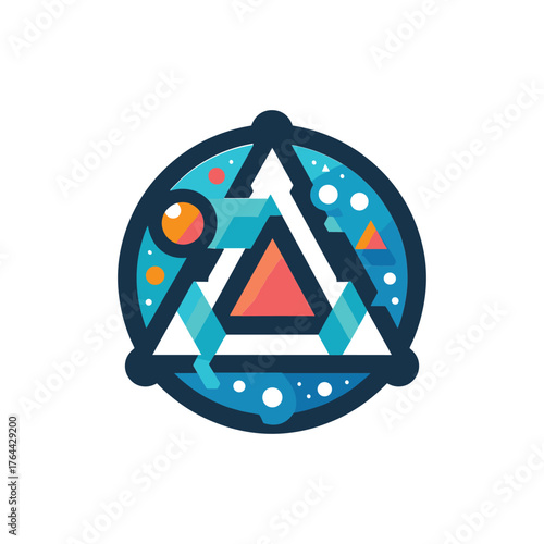 modern geometric logo of a triangle inside a circle with cosmic and celestial elements.
