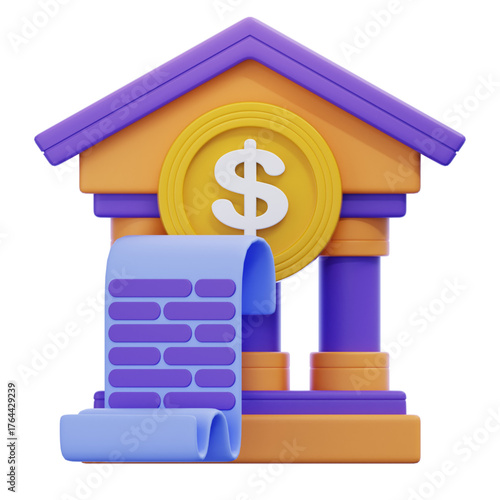 3D financial icon bank building, dollar coin, transaction statement. Represents secure online banking, digital finance, and efficient money management