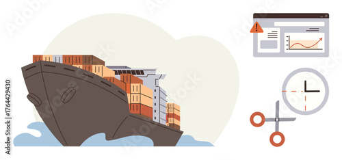 Cargo ship carrying containers over waves alongside a dashboard with data charts, clock, and scissors icon. Ideal for logistics, trade, shipping, scheduling, analytics, efficiency global commerce